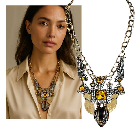 NEW Topaz Crystal Gold CZ Rhinestone Baroque #Royaltycore Statement Necklace - Picture 2 of 5